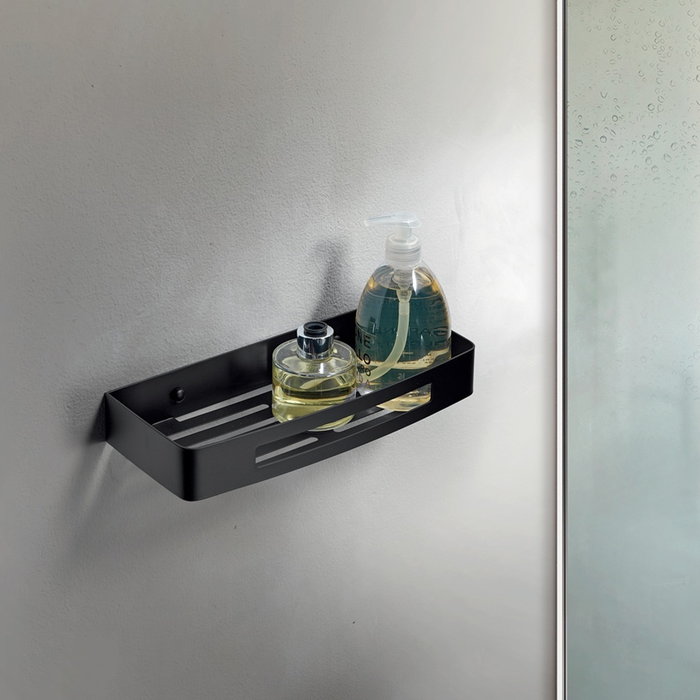 product lifestyle image of origins living nerva matt black shower basket